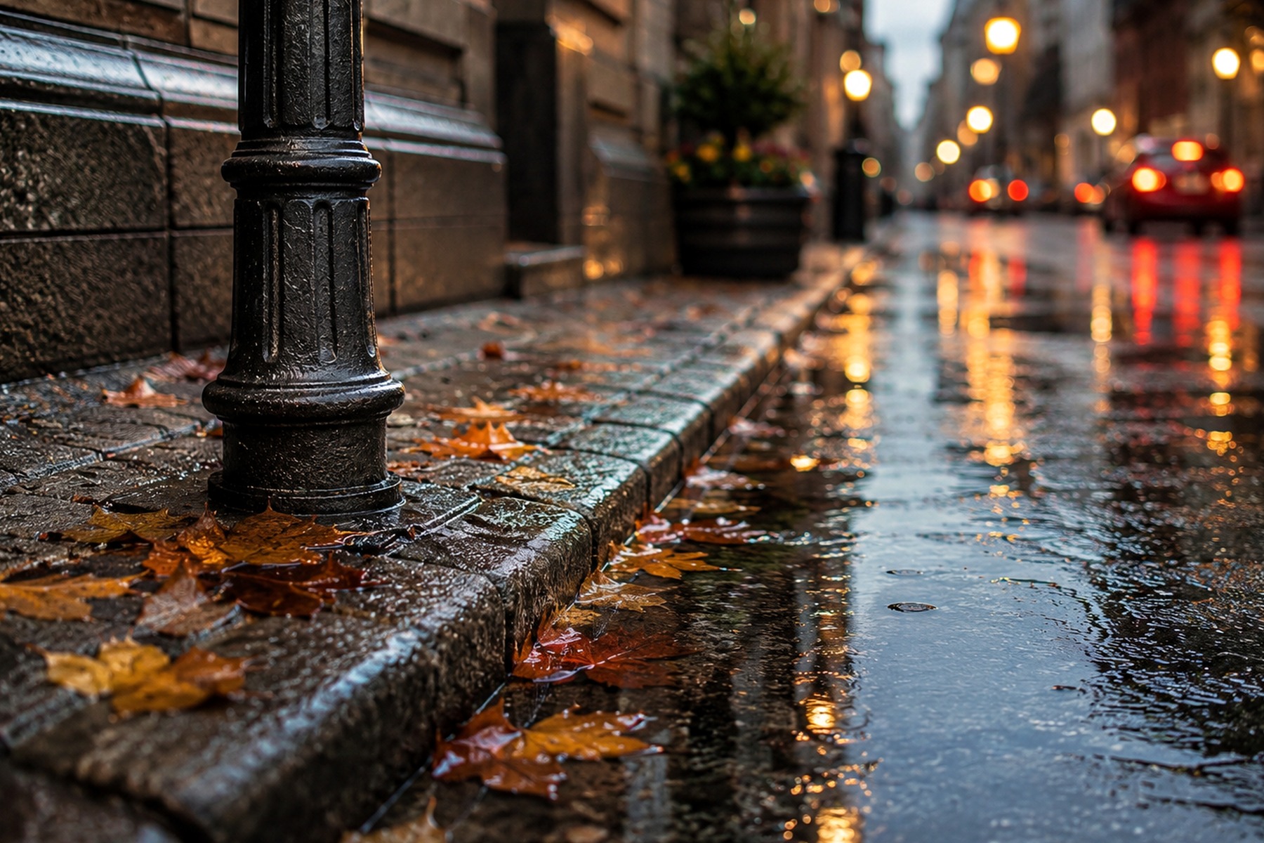 雨后城市街头湿润路面、落叶与灯光反射细节的 JPEG 压缩前后画质对比